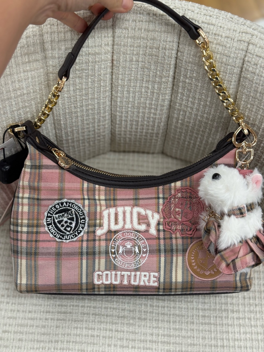 Juicy couture Varsity Pink Plaid Shoulder Bag with Gold Chain